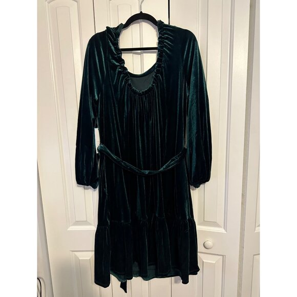 Draper James RSVP Emerald Green Velvet Ruffle Tie-Back Dress With Belt & Long Sl - Picture 6 of 8